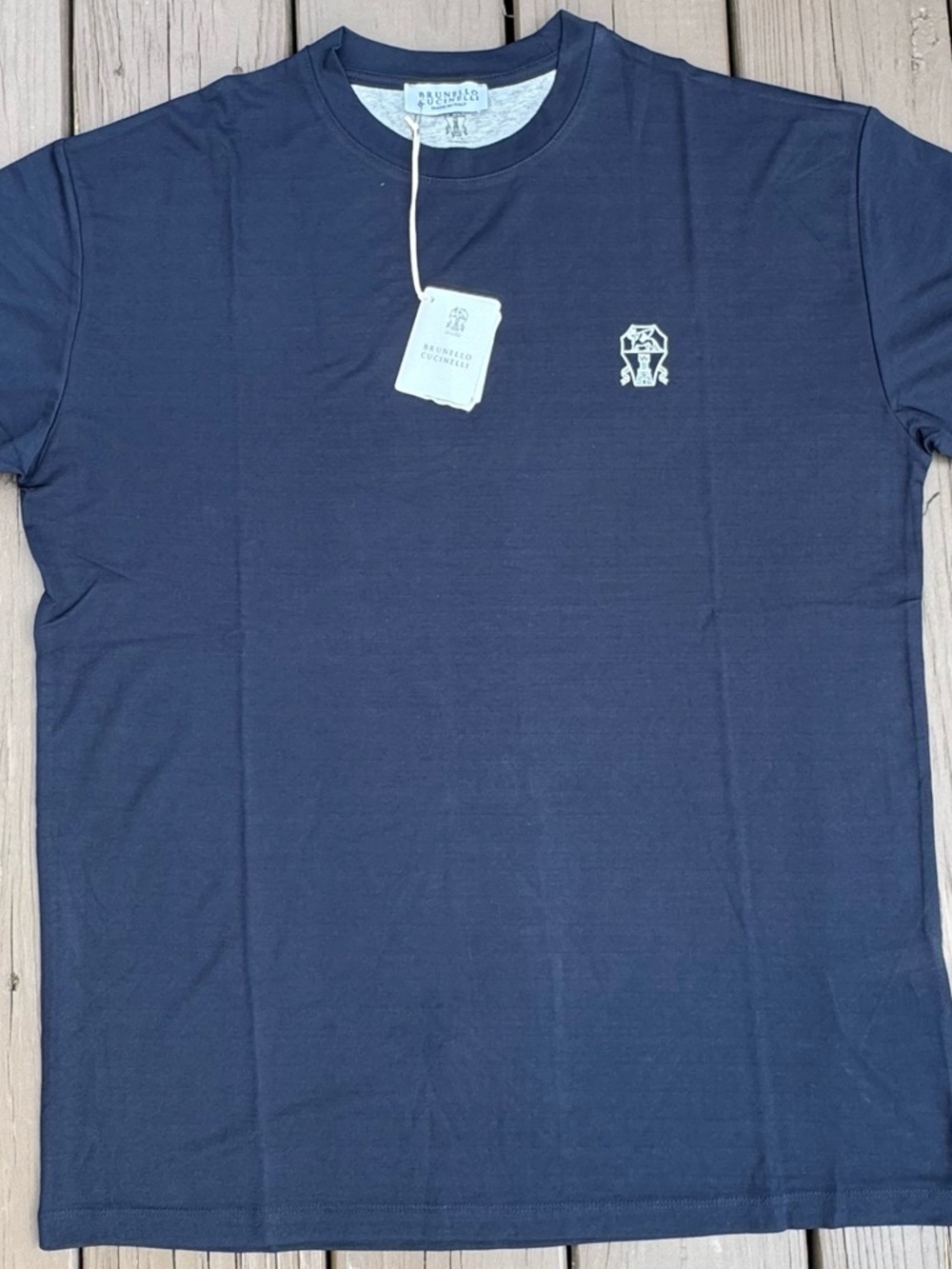 Brunello Cucinelli Navy Short-Sleeve Crewneck Tee with Chest Logo